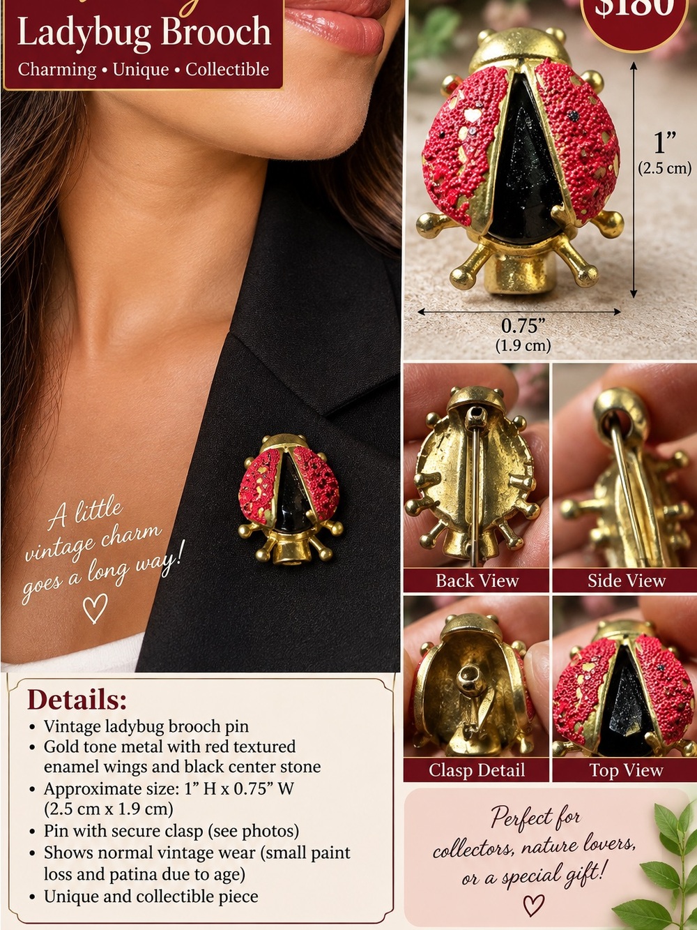 Vintage Ladybug Brooch Pin - Red and Black Gold-Tone